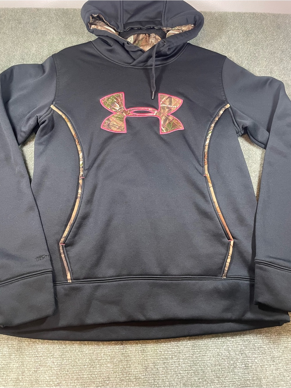 Under Armour Black Hoodie with Camouflage Panels and Pink Accent